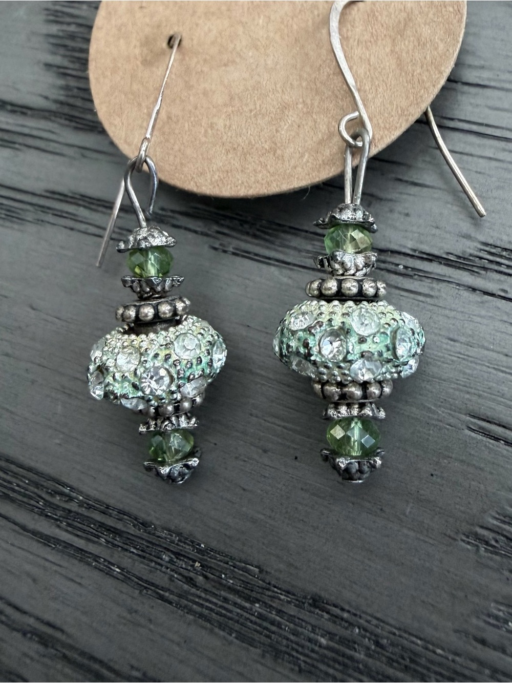 Vintage Green Peridot-green Beaded Rhinestone Tassel Dangle Earrings w Gift Bag